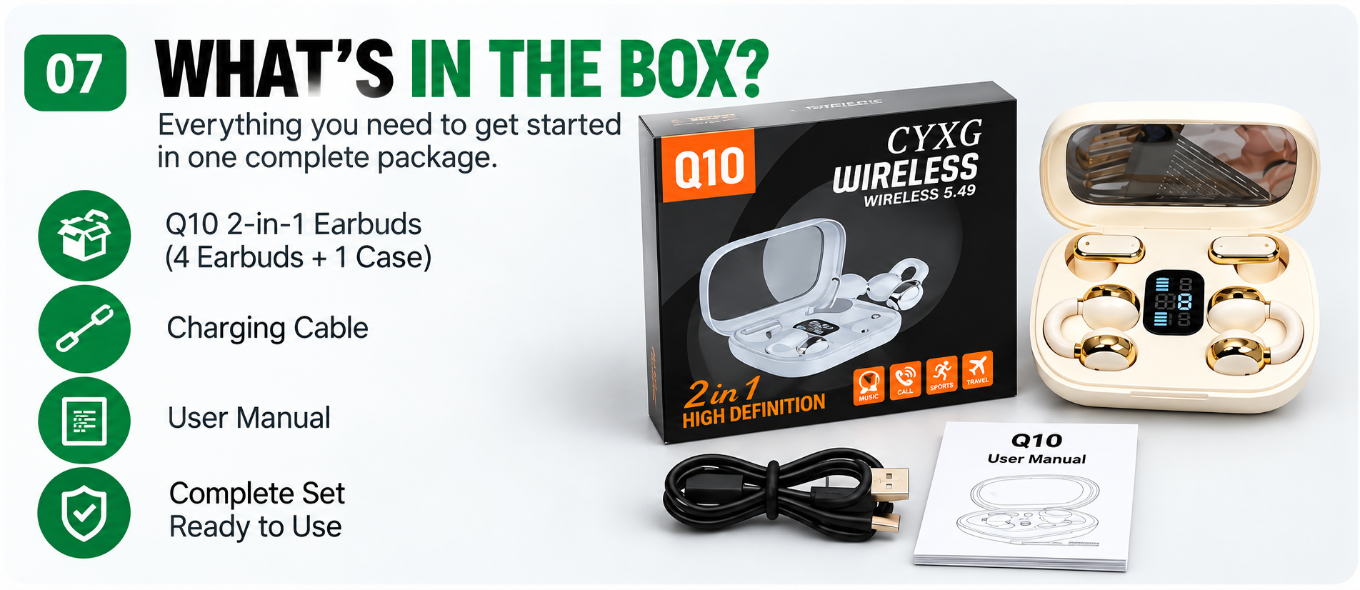 What's included with the wireless earbuds