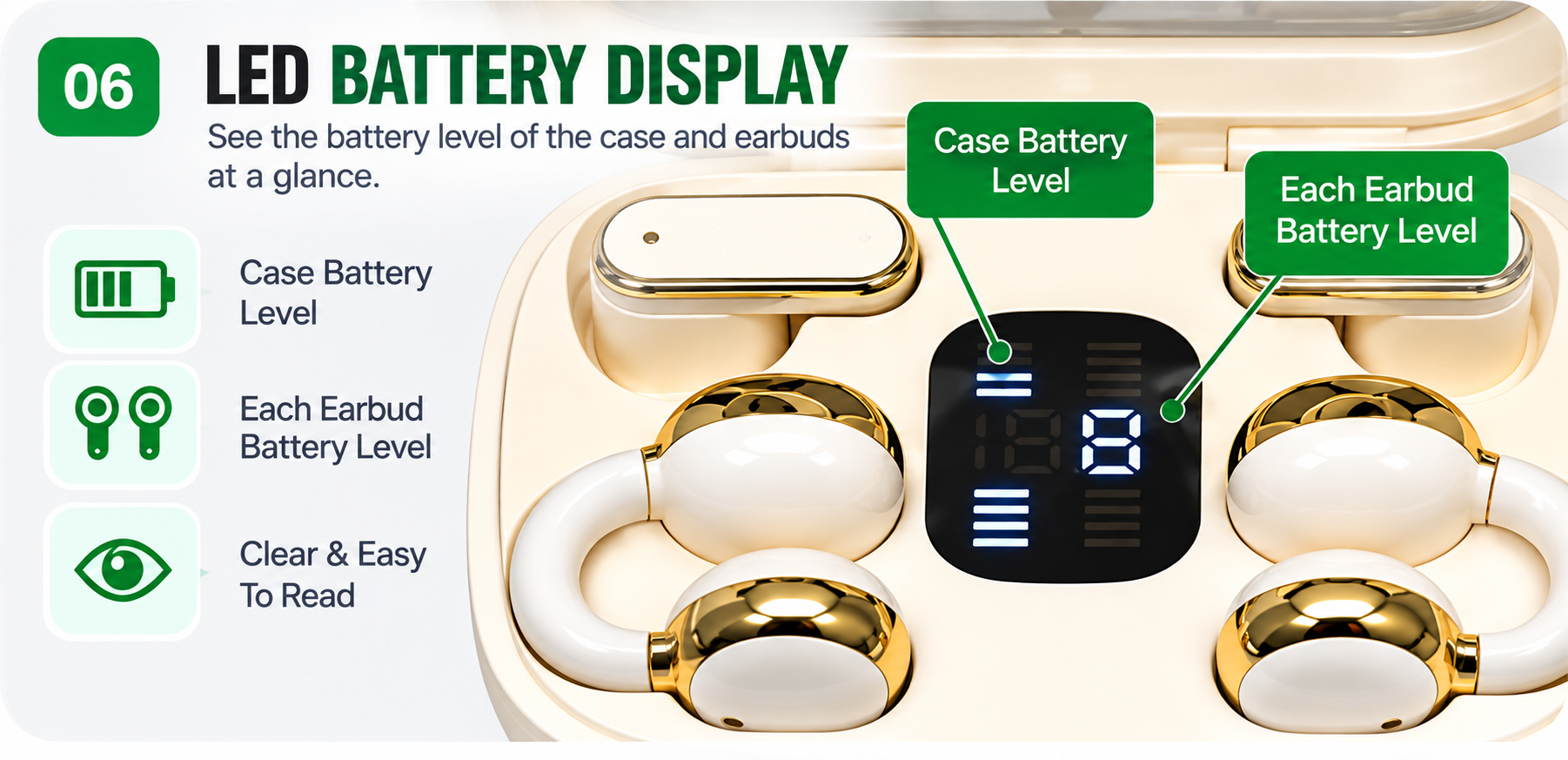 Wireless earbuds with LED battery display